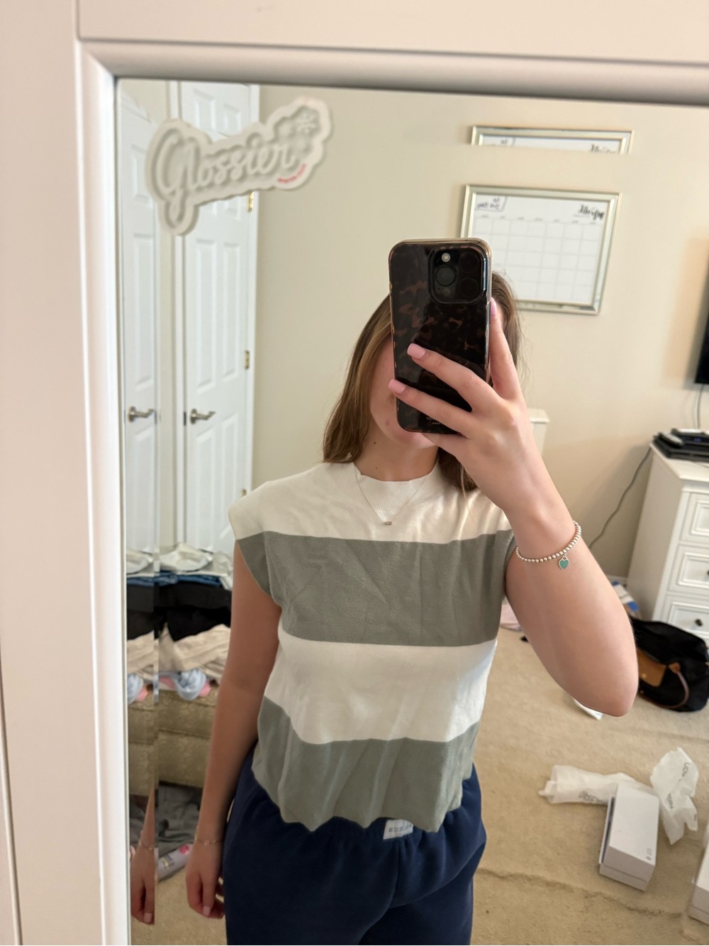 Jessica Simpson Sage and White Short-Sleeve Striped Tee